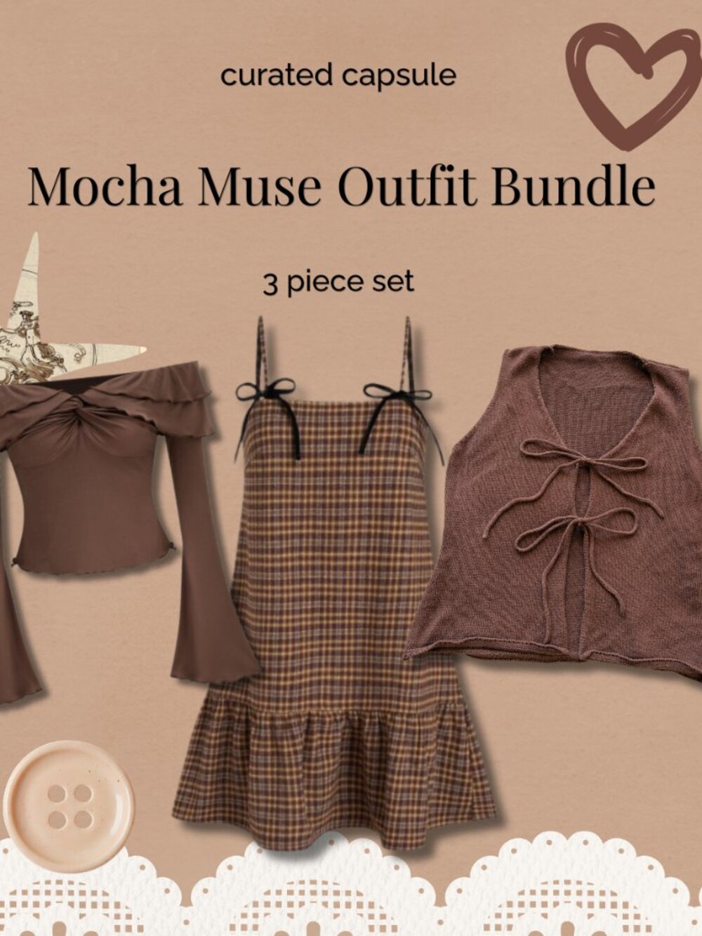 Mocha Muse Outfit Bundle 🤎 Brown Neutral Set – Dress + Top + Knit Vest L/XL